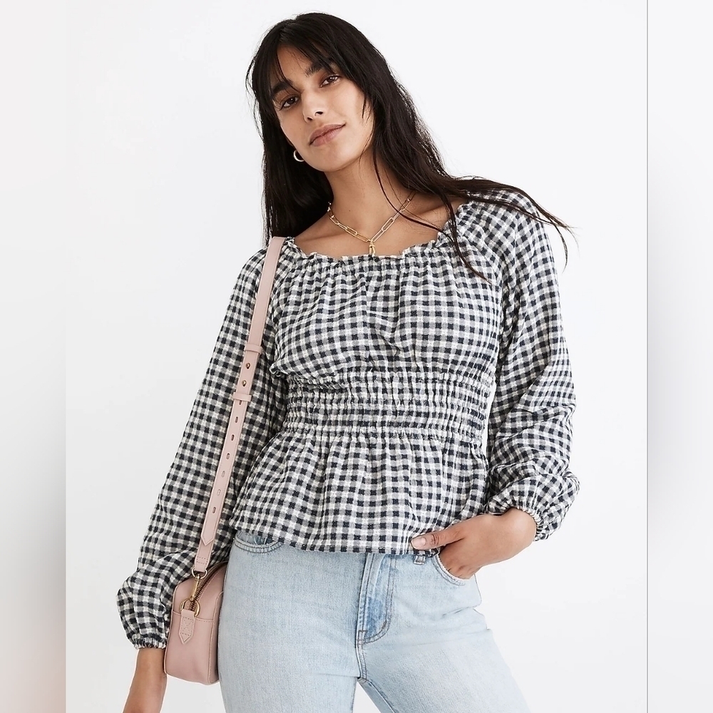 Madewell Sophia Top in Textured Windowpane Navy Check Size Small
